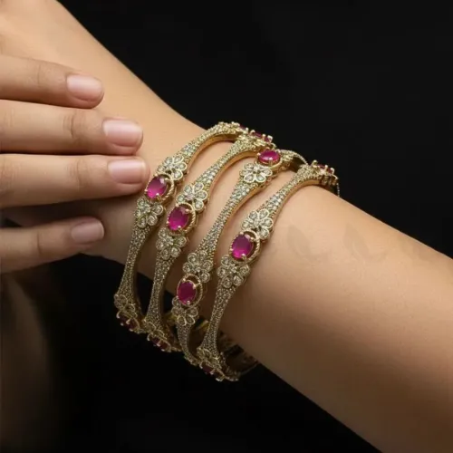 Jeweled Status Sculpted Bangles - Pink - Product Image